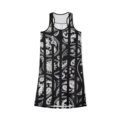A black and white Worldwide PRIDE racerback dress with a floral pattern.
