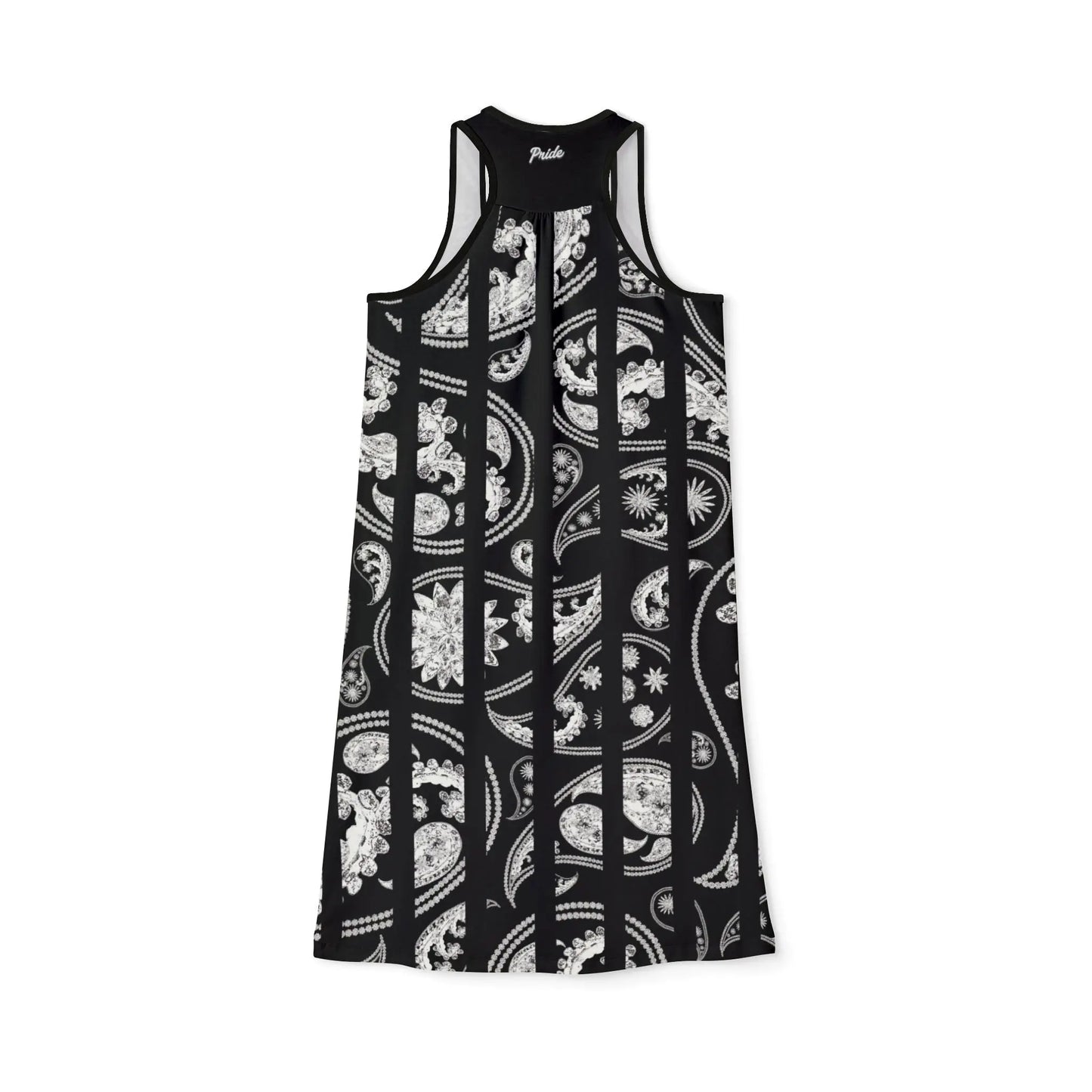 The back of a black and white Worldwide PRIDE racerback dress with a floral pattern.