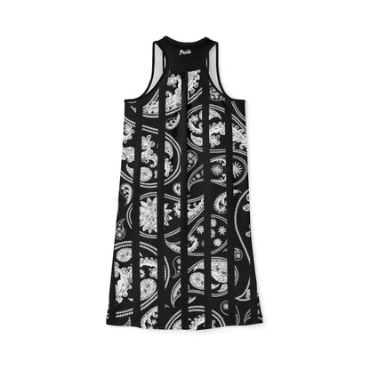 The back of a black and white Worldwide PRIDE racerback dress with a floral pattern.