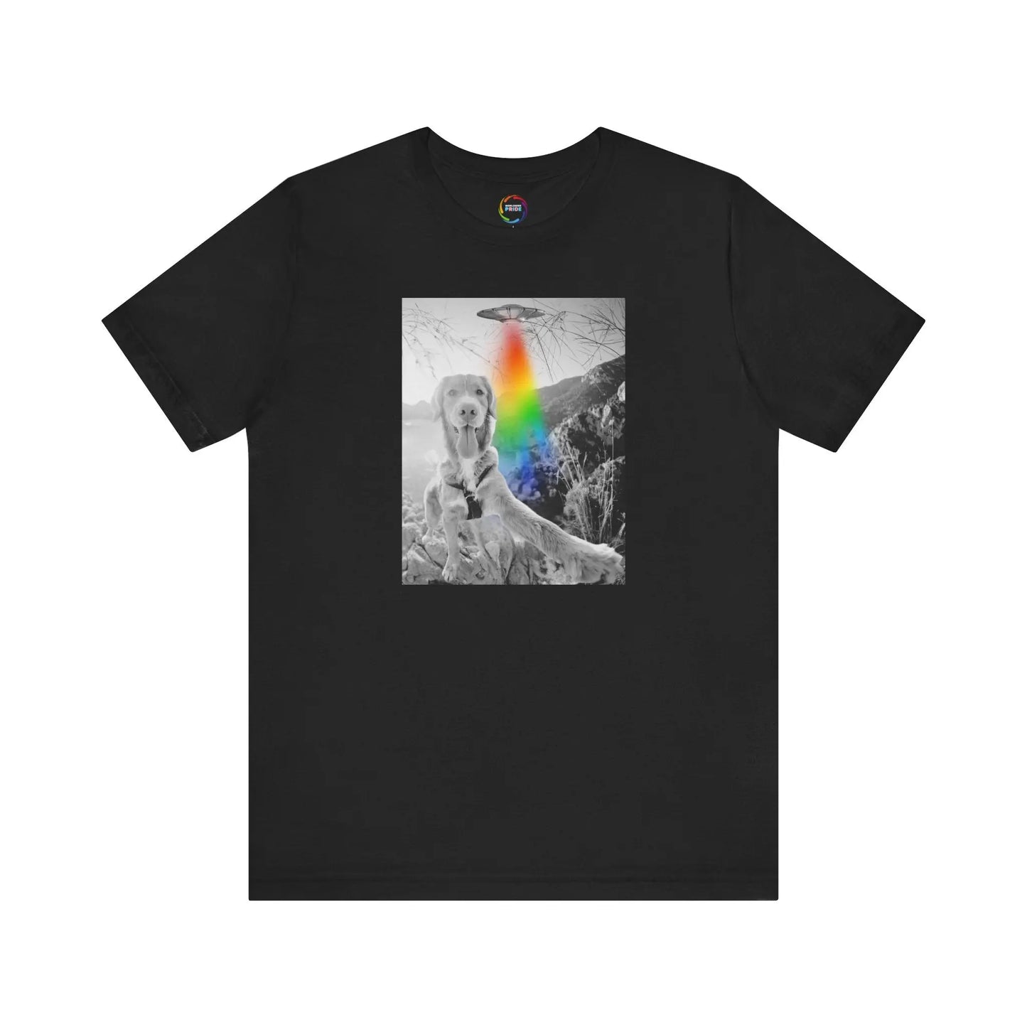 Black t-shirt with a graphic design of a dog and a UFO with a rainbow on a white background