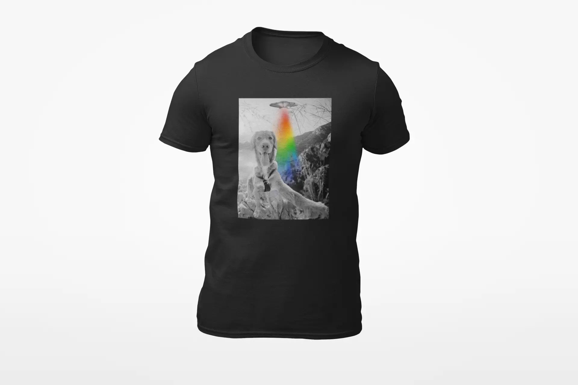 Black t-shirt with a graphic design of a dog with a rainbow on a white background