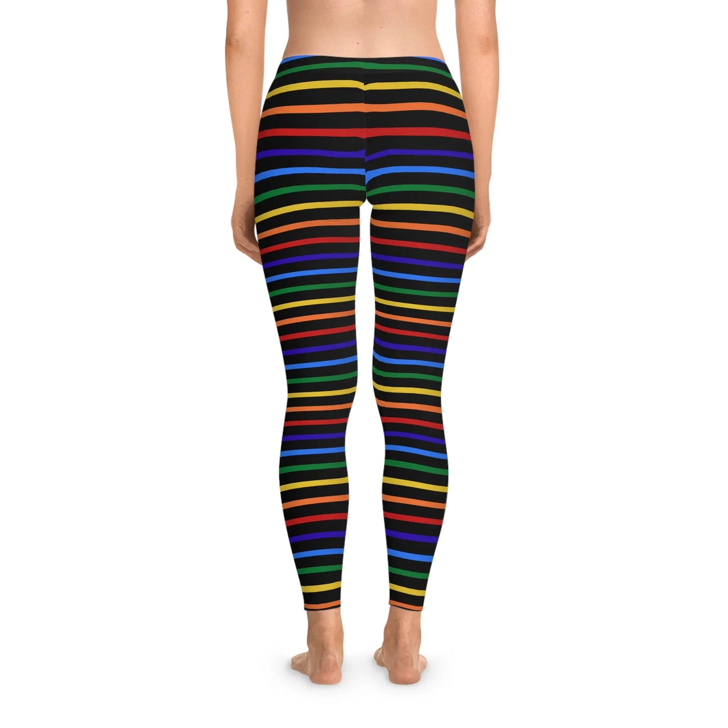 Back view of a person wearing a pair of rainbow striped leggings designed for the LGBTQ community with an all-over print.