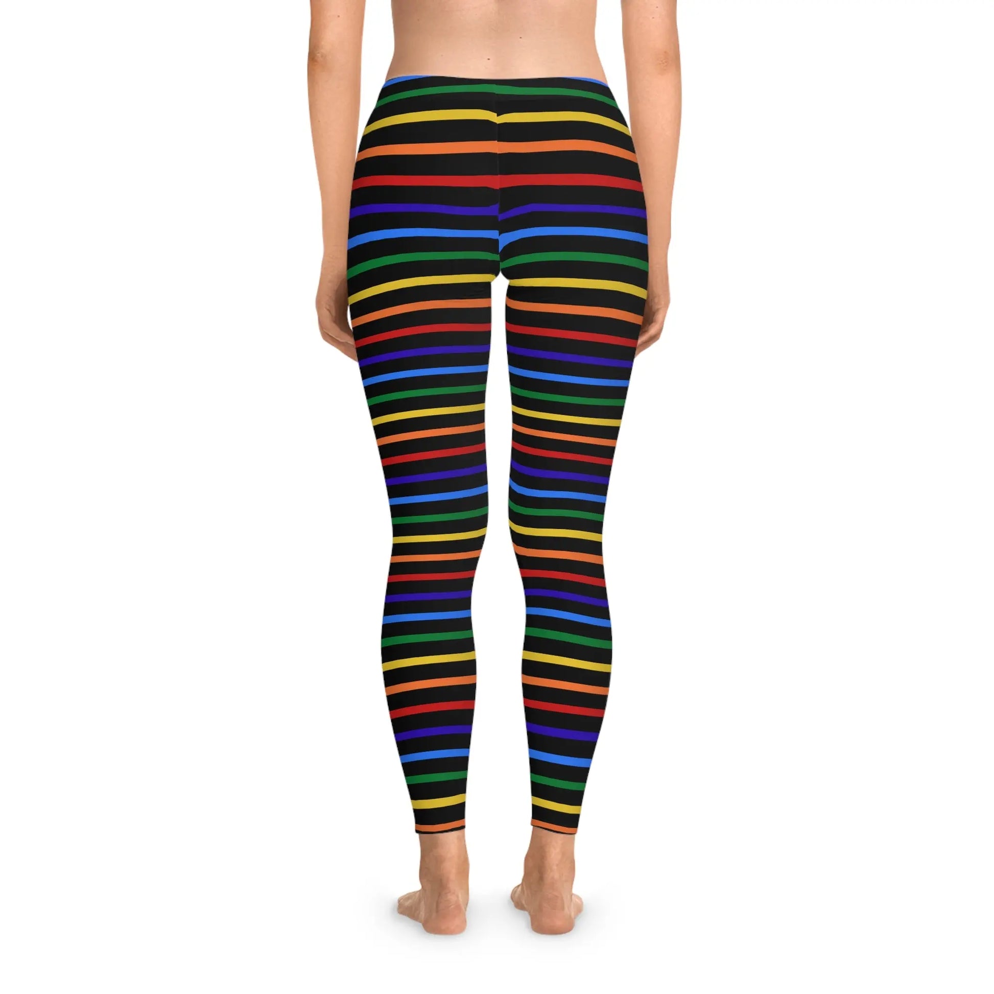 Back view of a person wearing a pair of rainbow striped leggings designed for the LGBTQ community with an all-over print.
