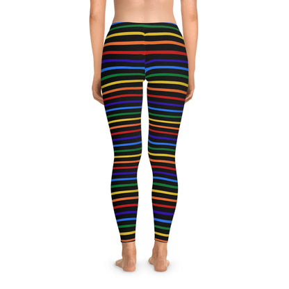 Back view of a person wearing a pair of rainbow striped leggings designed for the LGBTQ community with an all-over print.