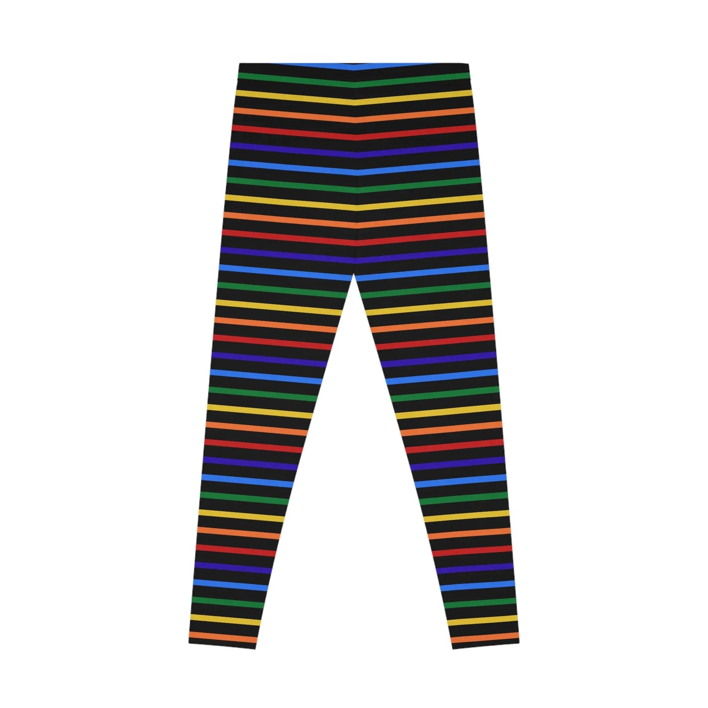 Back view of a pair of rainbow striped leggings designed for the LGBTQ community with an all-over print.