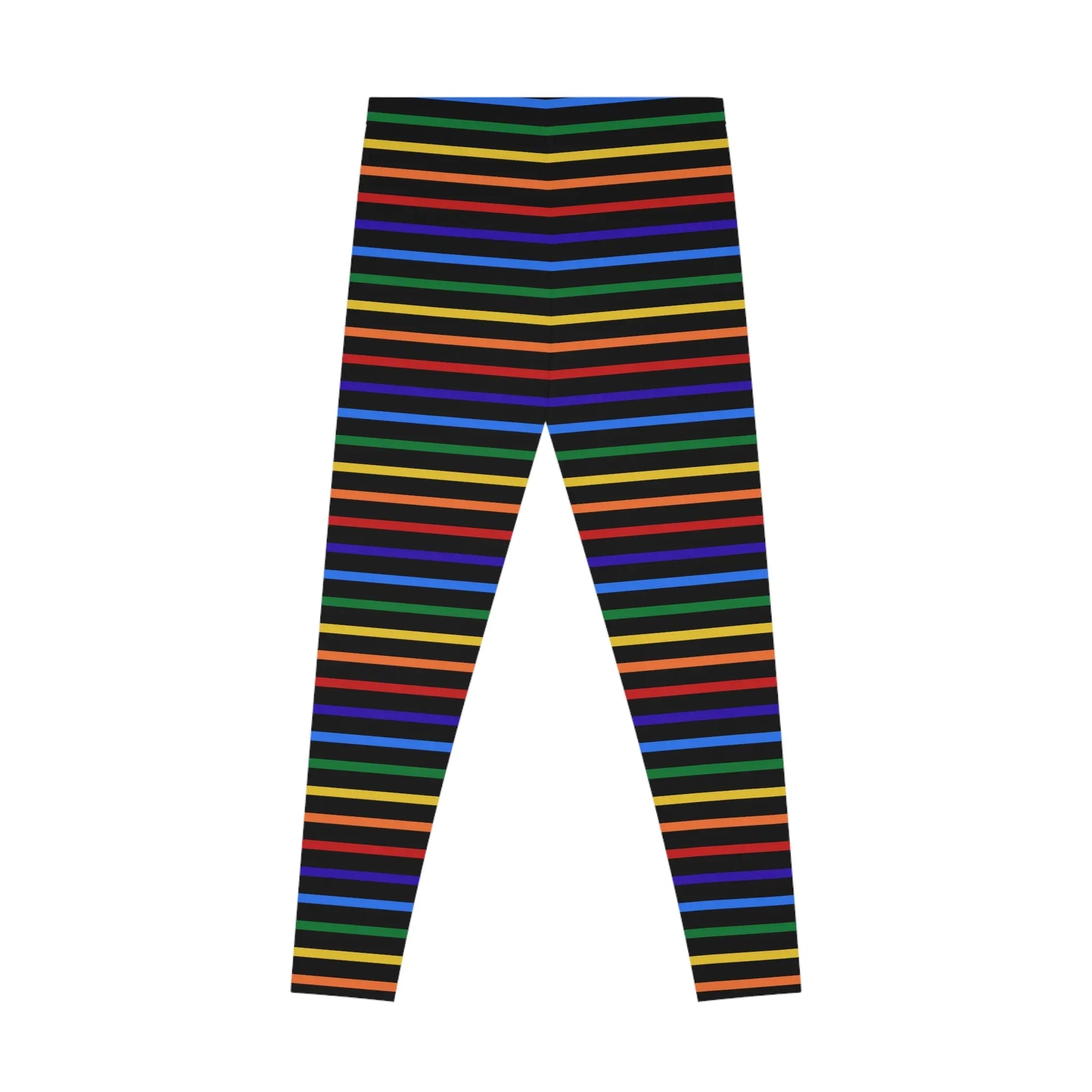 Back view of a pair of rainbow striped leggings designed for the LGBTQ community with an all-over print.