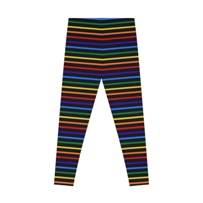 Back view of a pair of rainbow striped leggings designed for the LGBTQ community with an all-over print.