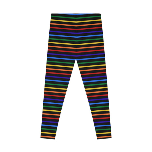 Back view of a pair of rainbow striped leggings designed for the LGBTQ community with an all-over print.