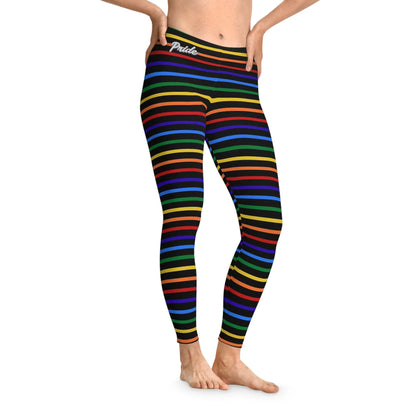 A person wearing a pair of rainbow striped leggings designed for the LGBTQ community with an all-over print.