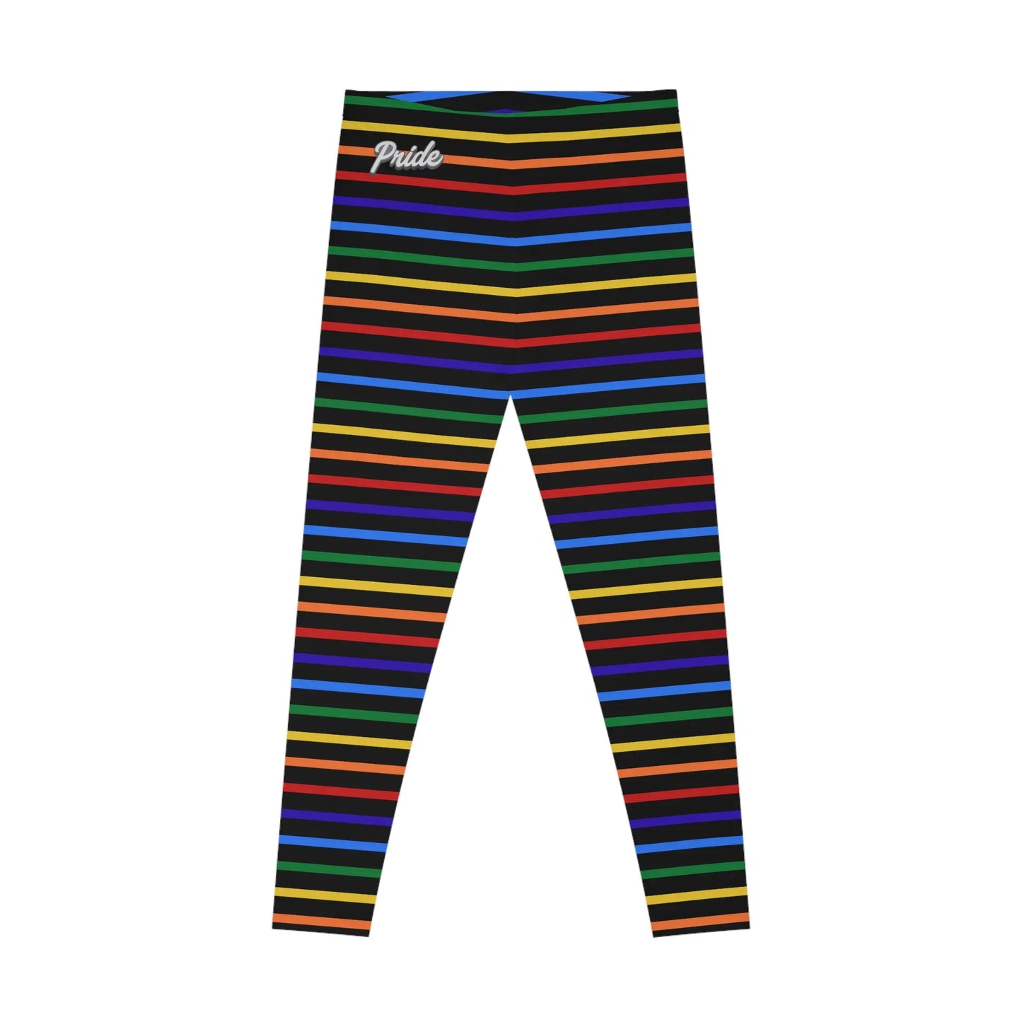Front view of a pair of rainbow striped leggings designed for the LGBTQ community with an all-over print.