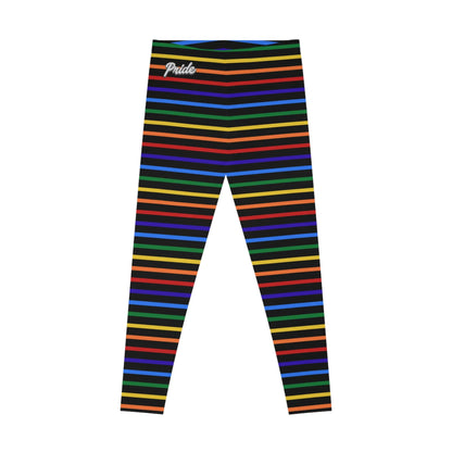 Front view of a pair of rainbow striped leggings designed for the LGBTQ community with an all-over print.