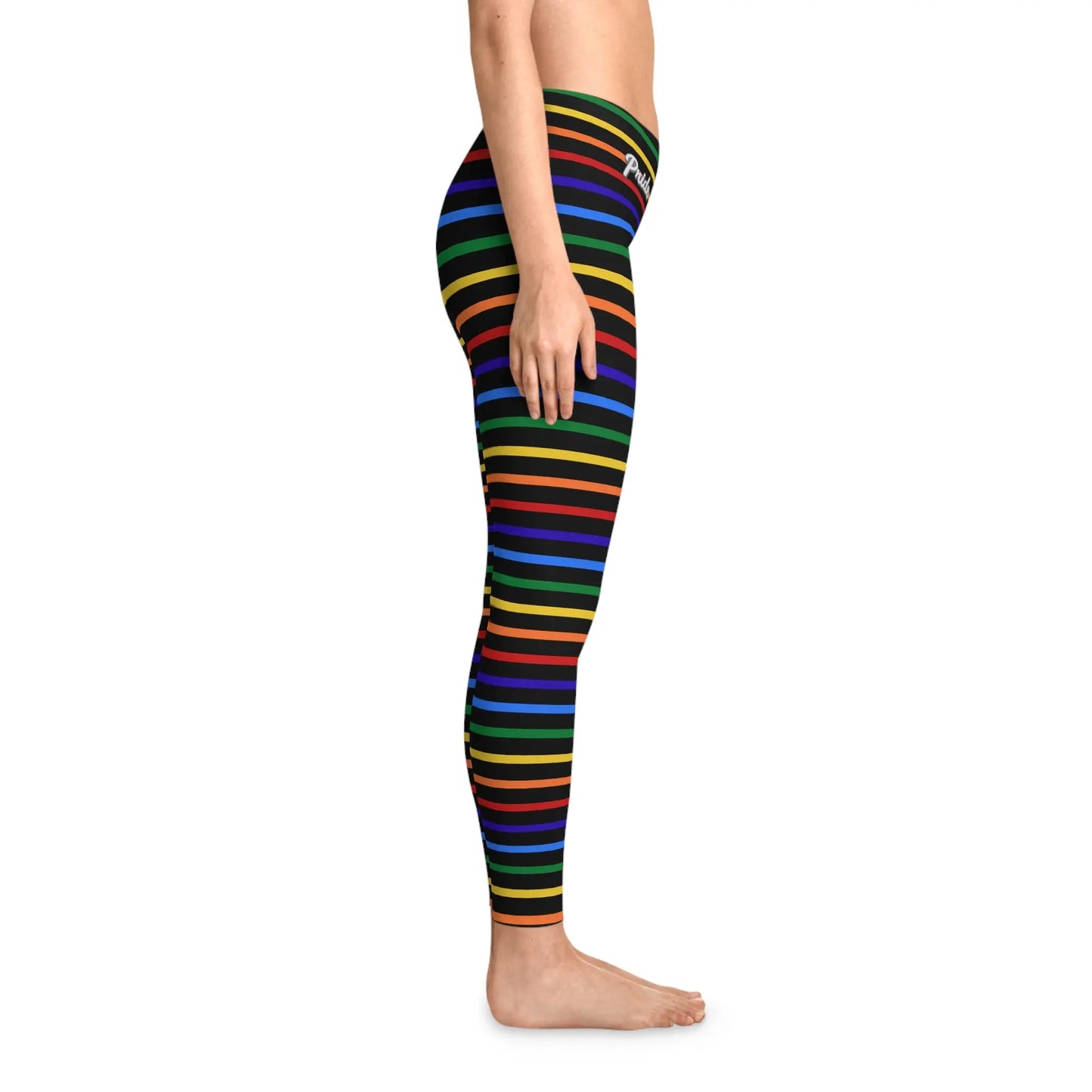 Side view of a person wearing a pair of rainbow striped leggings designed for the LGBTQ community with an all-over print.