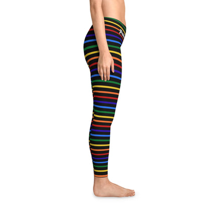 Side view of a person wearing a pair of rainbow striped leggings designed for the LGBTQ community with an all-over print.