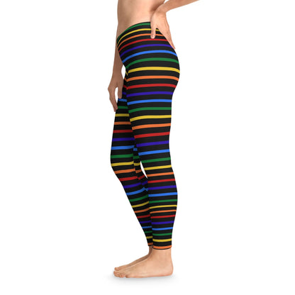 Side view of a person wearing a pair of rainbow striped leggings designed for the LGBTQ community with an all-over print.