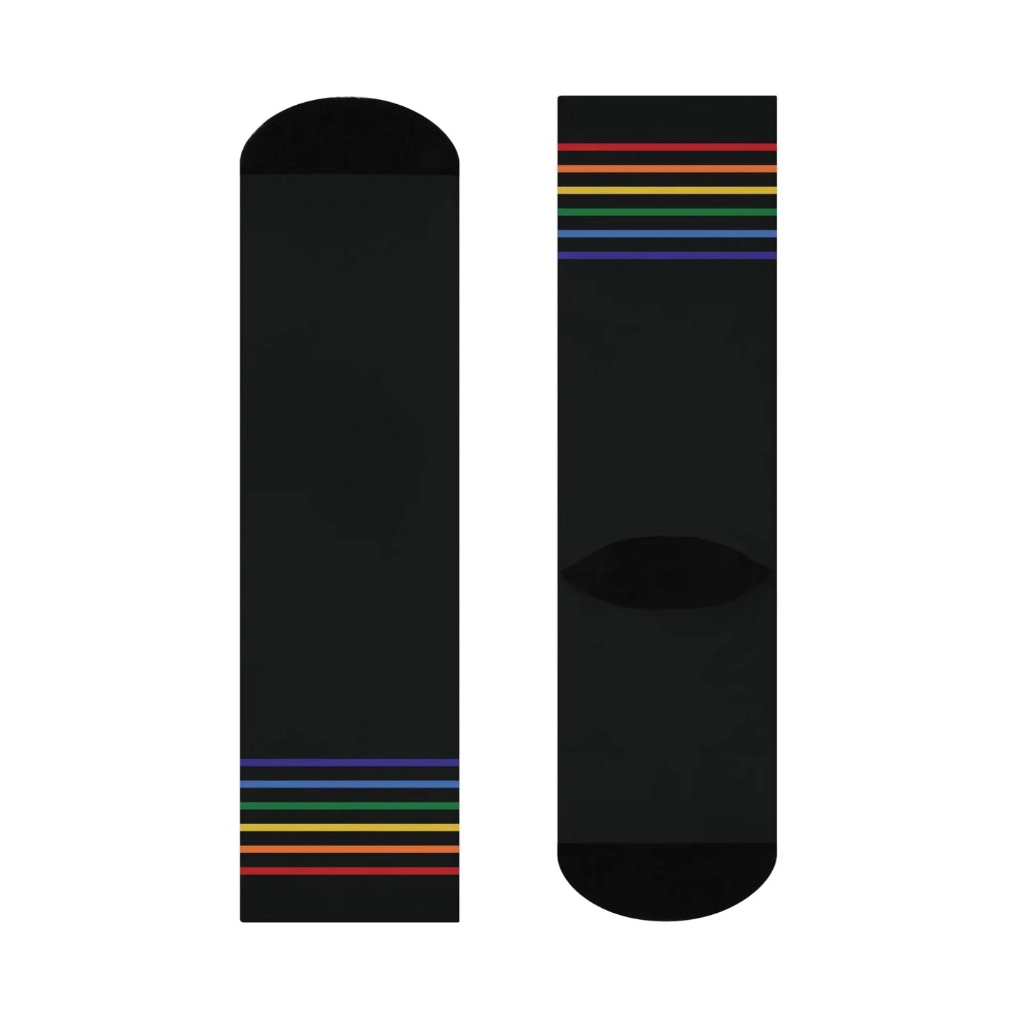 A pair of black crew socks with a colorful striped pattern representing the LGBTQ community.