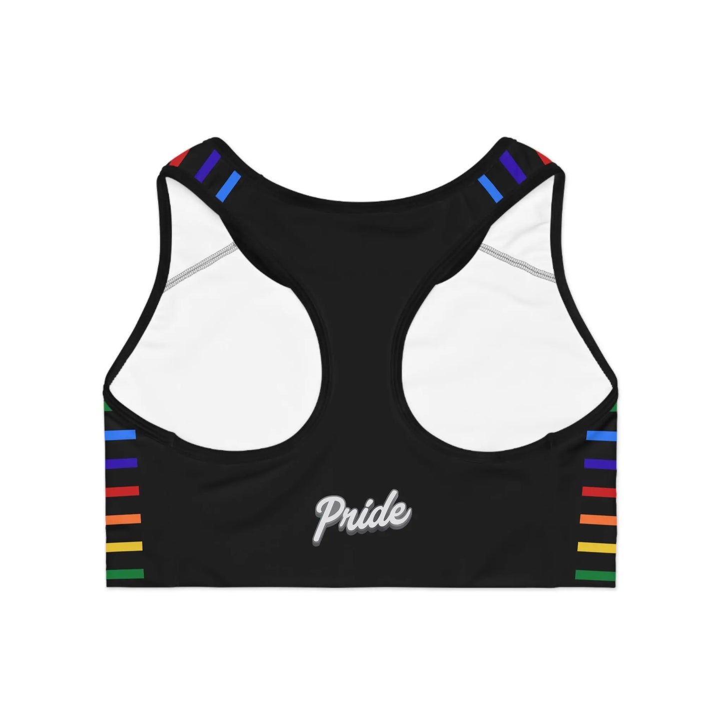 Back view of a black sports bra with rainbow stripes and 'Pride' text on a white background