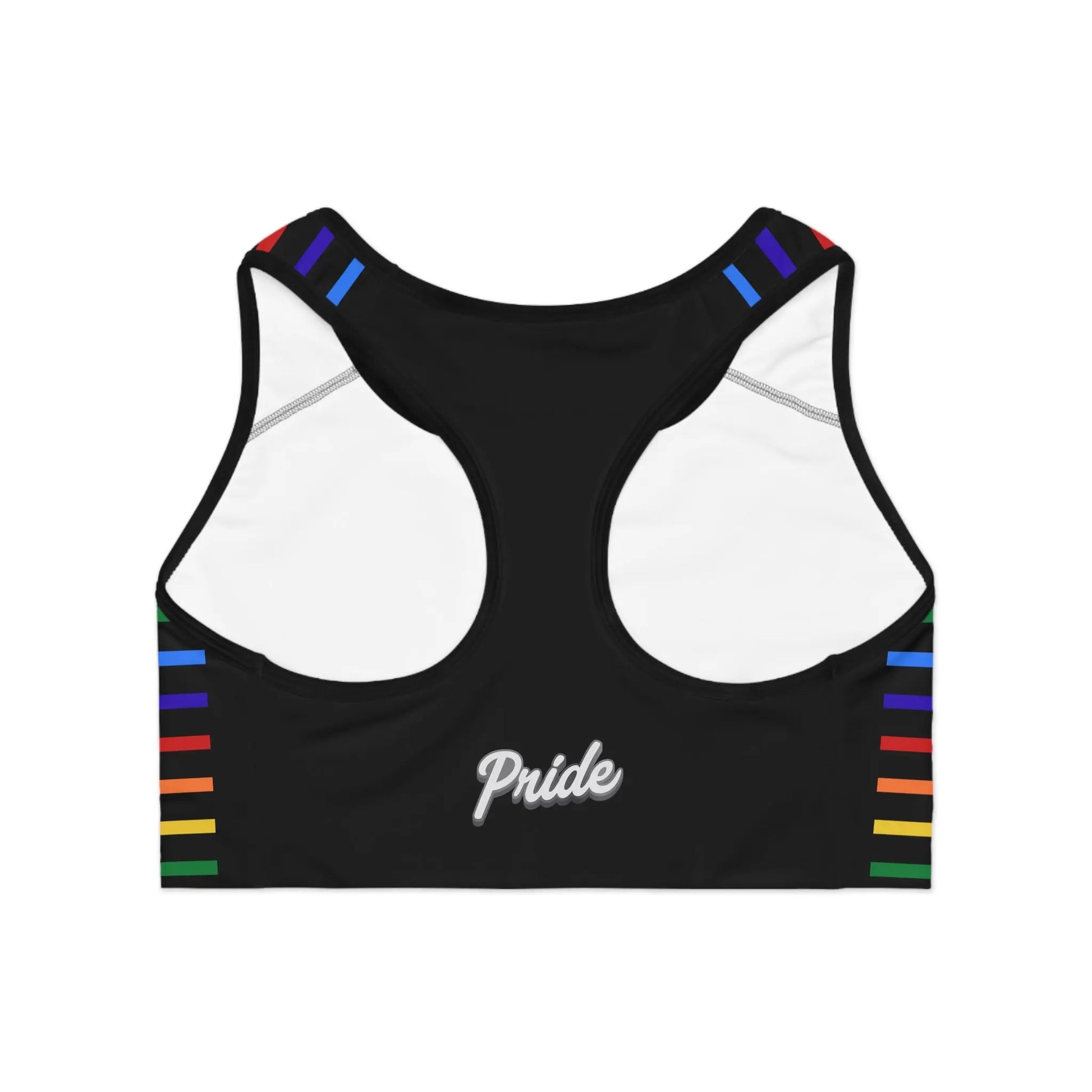 Back view of a black sports bra with rainbow stripes and 'Pride' text on a white background