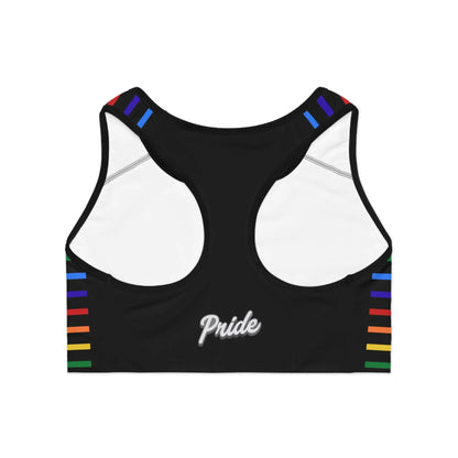 Back view of a black sports bra with rainbow stripes and 'Pride' text on a white background