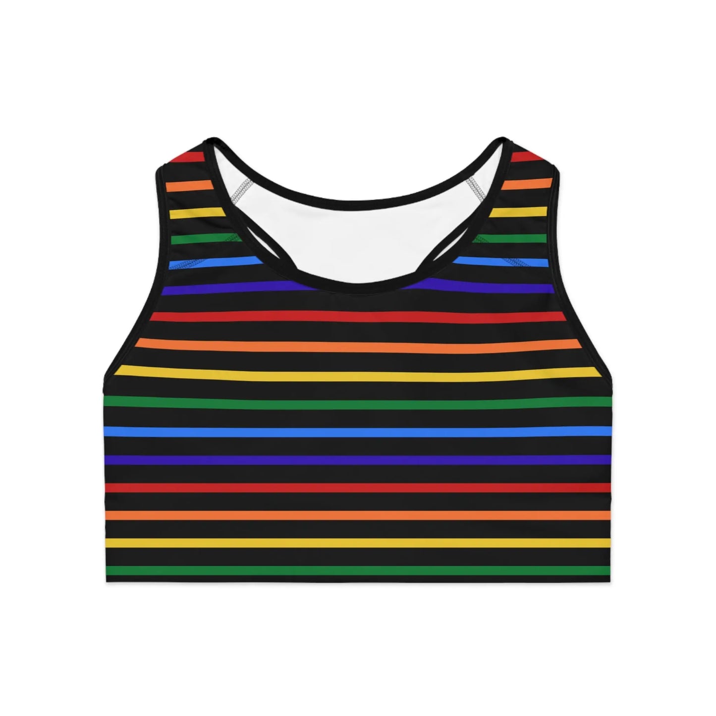 A sports bra with a vibrant rainbow striped pattern.