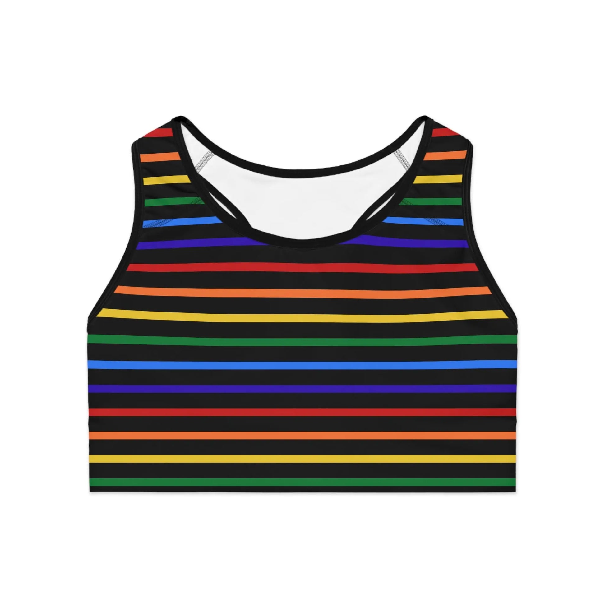 A sports bra with a vibrant rainbow striped pattern.
