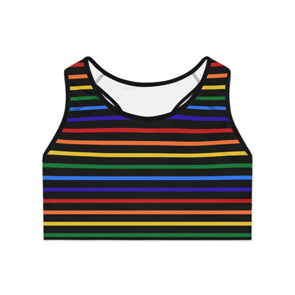 A sports bra with a vibrant rainbow striped pattern.