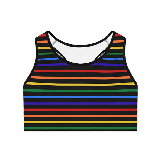 A sports bra with a vibrant rainbow striped pattern.