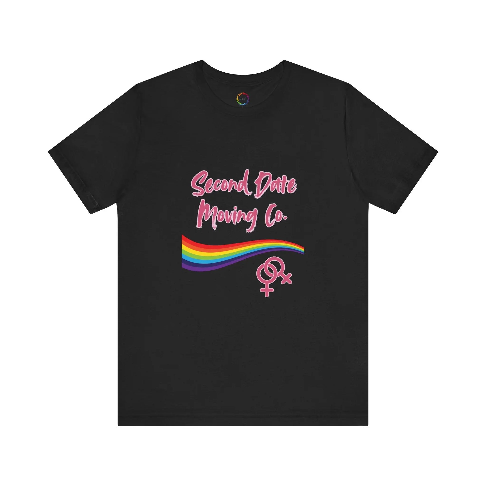 Black t-shirt with pink text and rainbow design on a white background