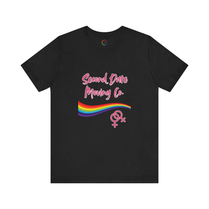 Black t-shirt with pink text and rainbow design on a white background