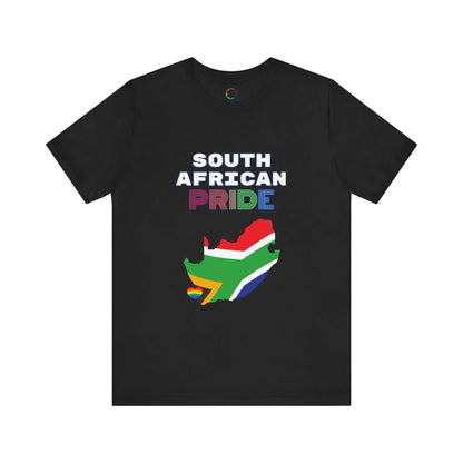 A black short-sleeve t-shirt with 'SOUTH AFRICAN PRIDE' text and a graphic of the South African flag on it.