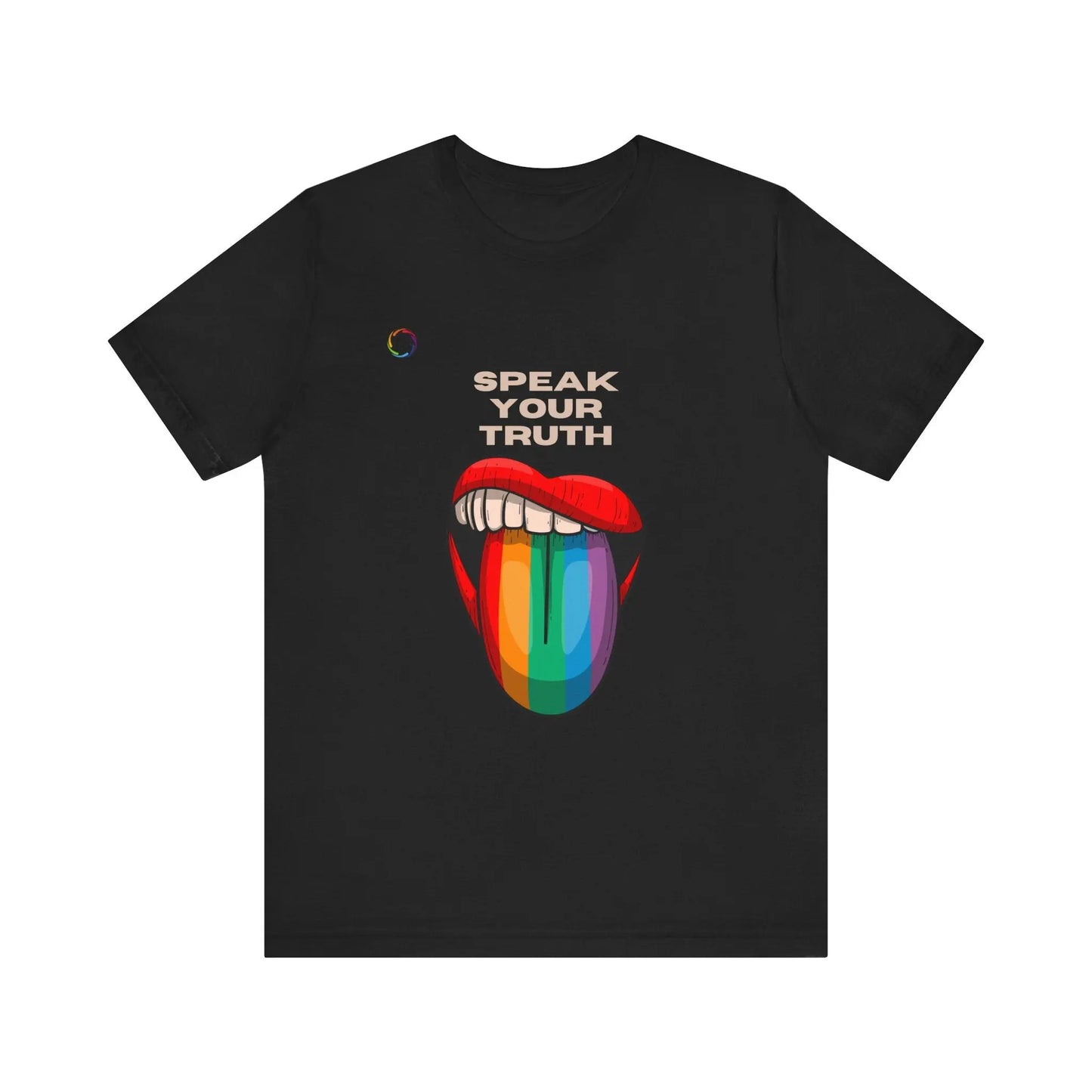 A black tee with a colorful graphic of a rainbow tongue with text that says 'Speak Your Truth' on a white background.