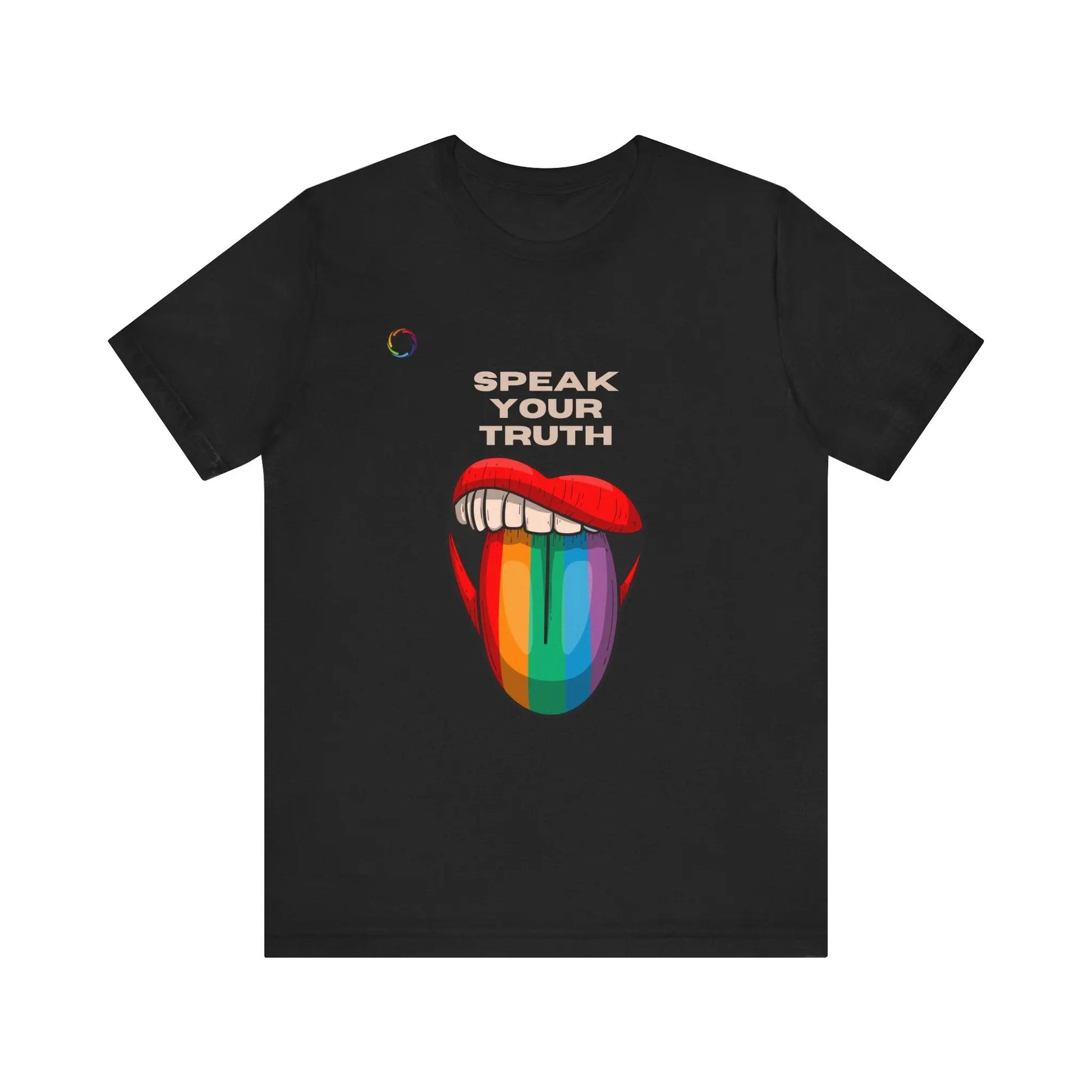A black tee with a colorful graphic of a rainbow tongue with text that says 'Speak Your Truth' on a white background.