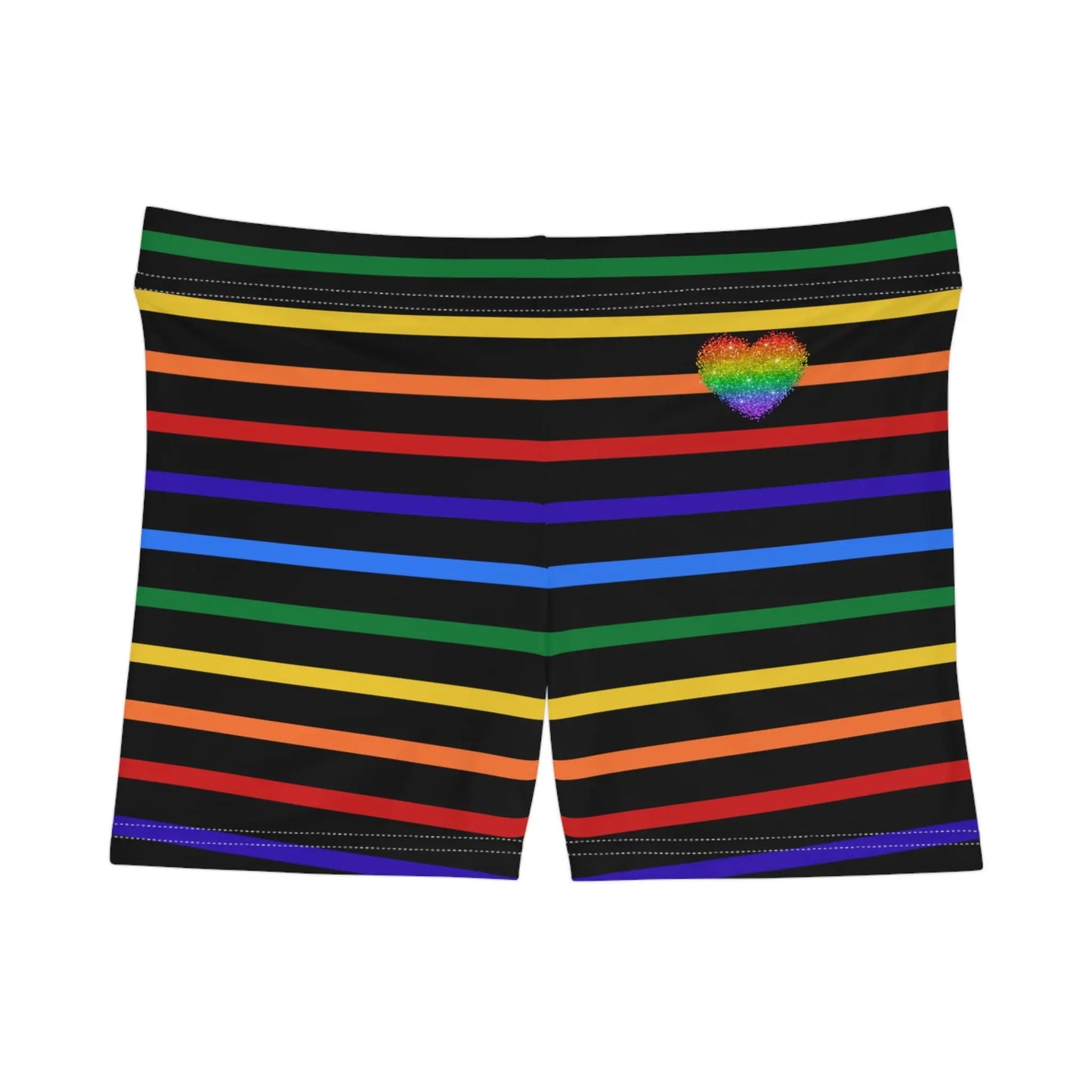 A pair of women's shorts featuring a striped pattern a glittery heart, and vibrant rainbow colors on a black background.