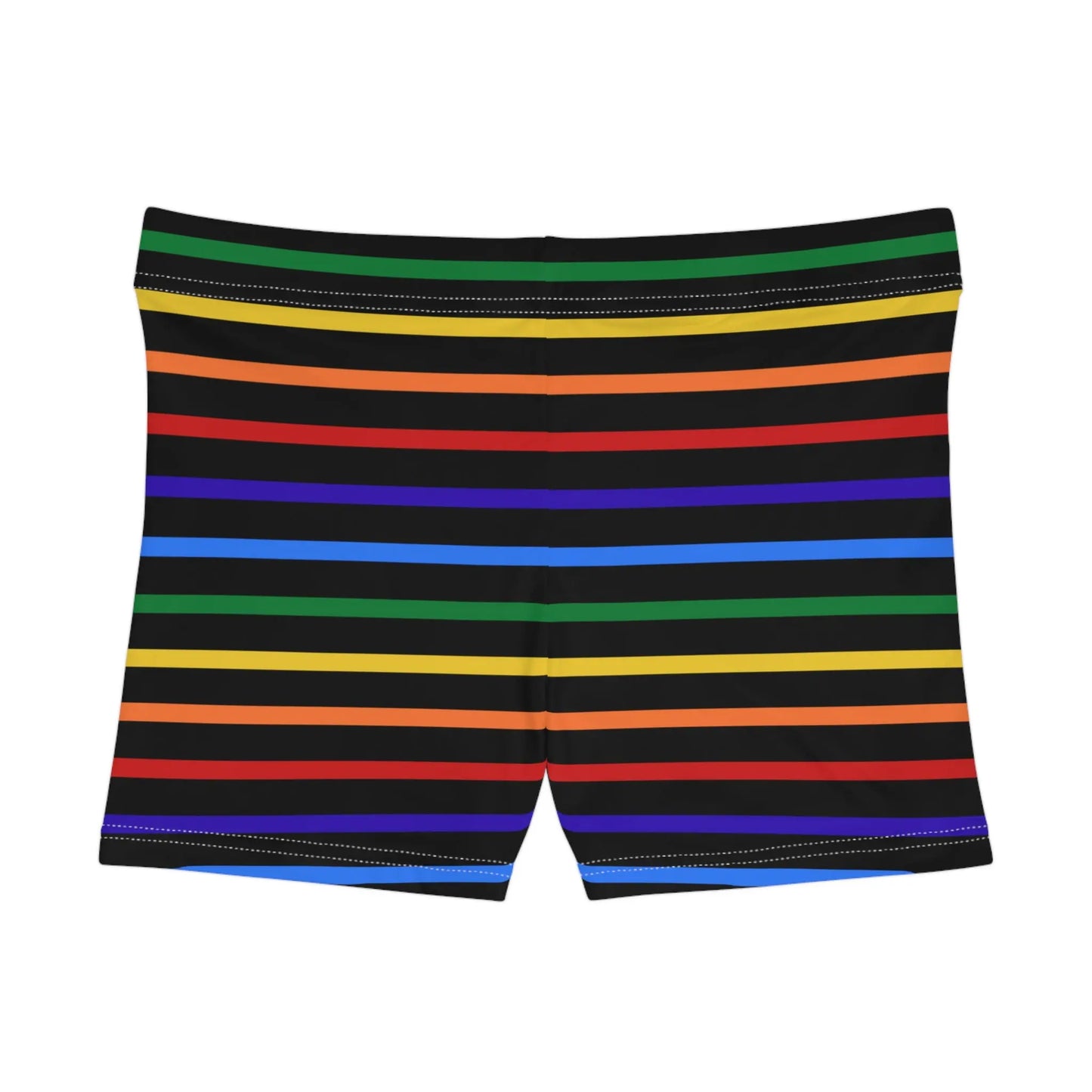 A pair of women's shorts featuring a striped pattern a glittery heart, and vibrant rainbow colors on a black background.