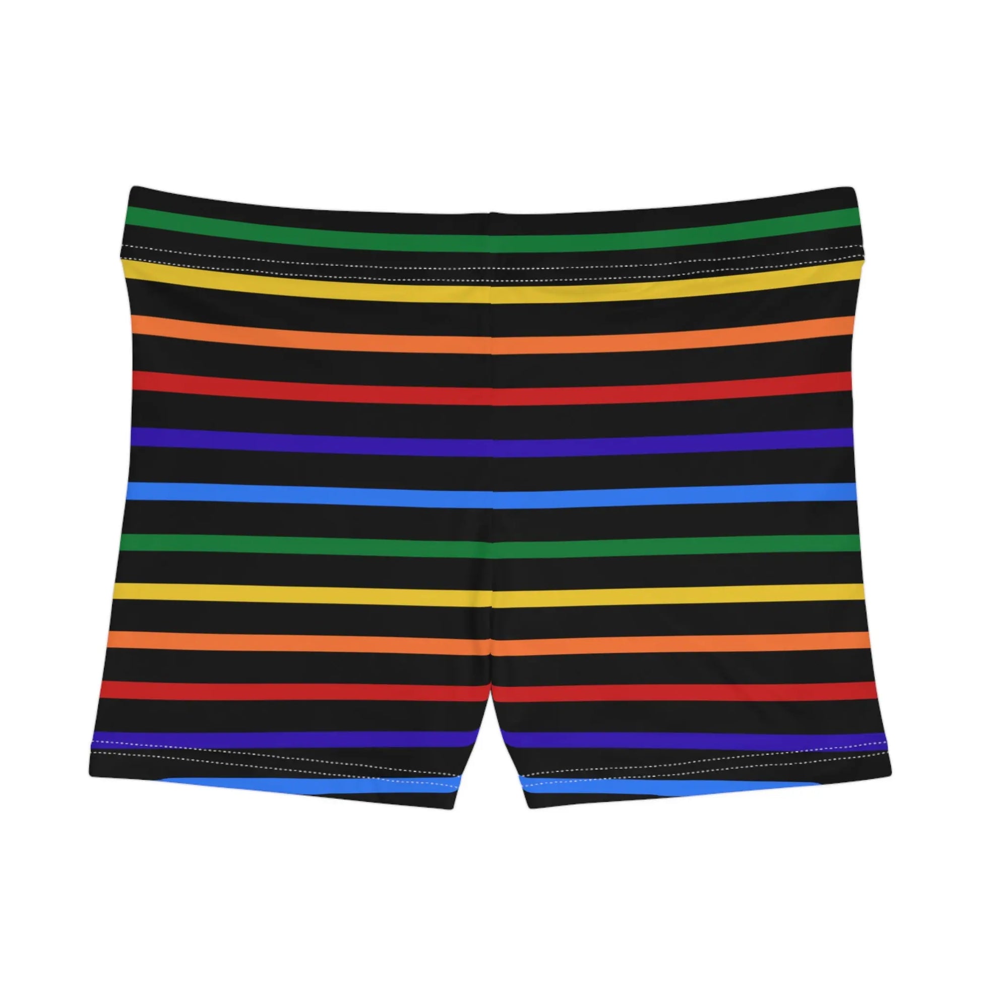 A pair of women's shorts featuring a striped pattern a glittery heart, and vibrant rainbow colors on a black background.