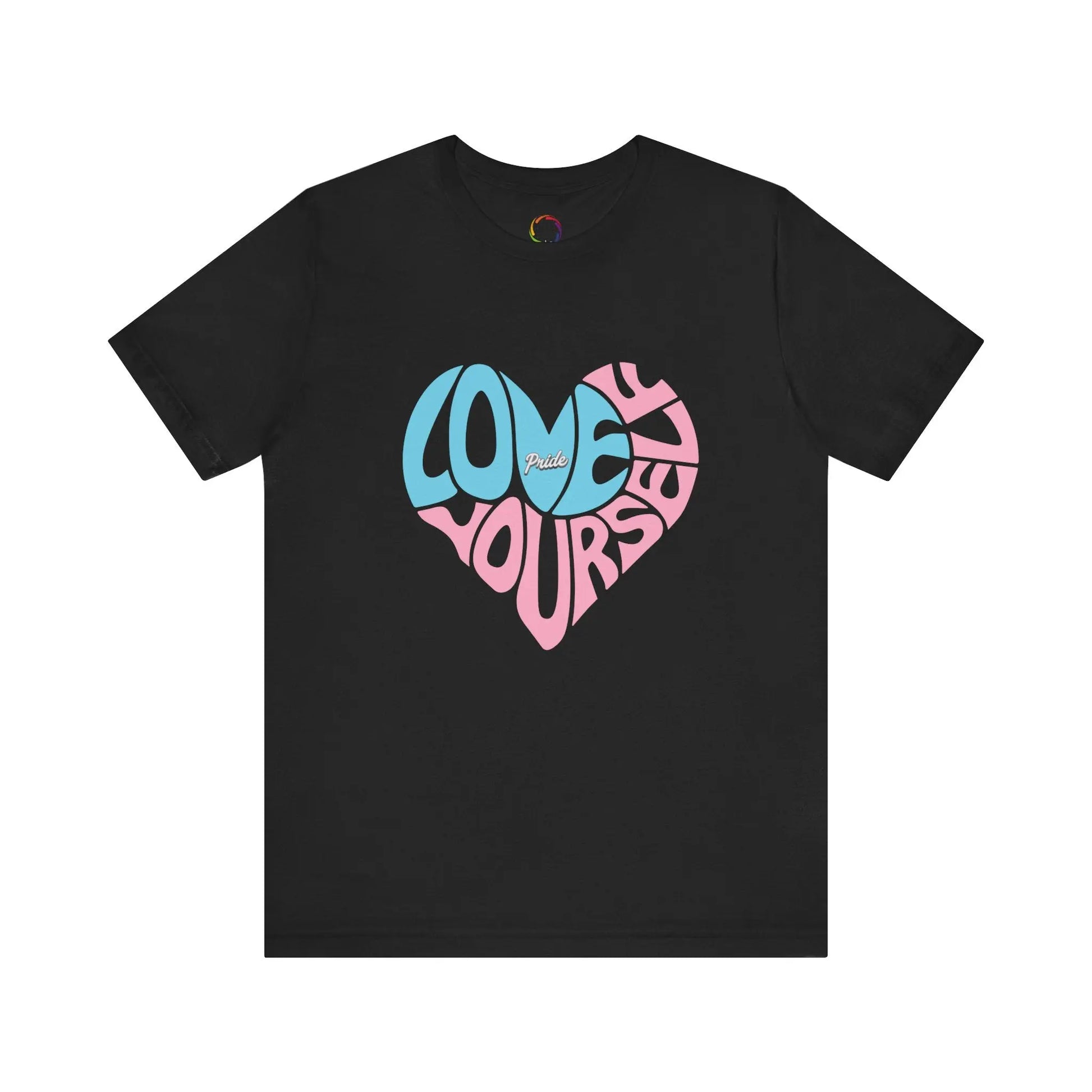 Black t-shirt with "Love Yourself" written in the colors that represent the transgender community.