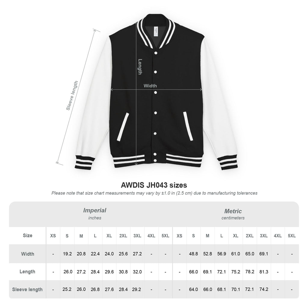 size grid for the Worldwide PRIDE letterman jacket.