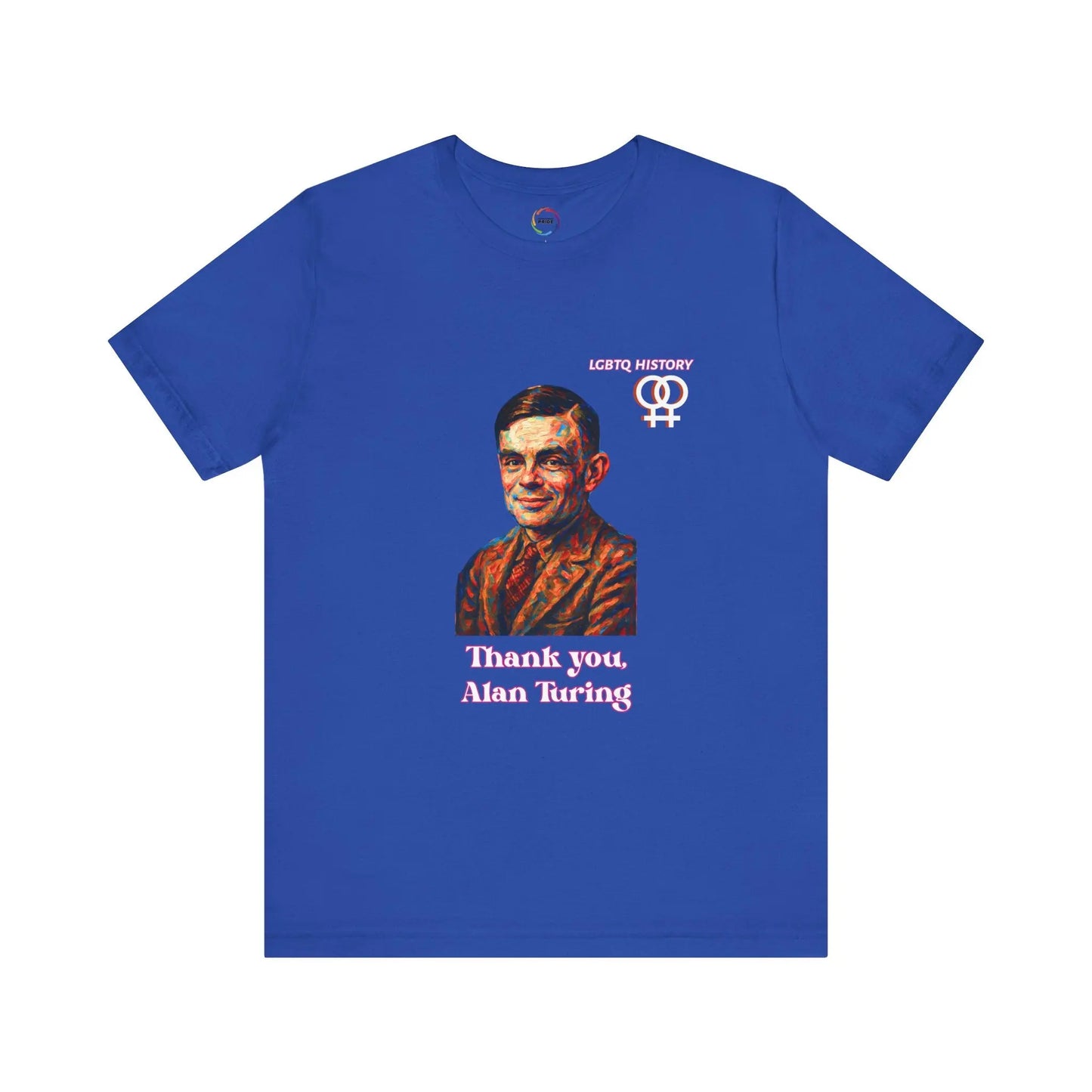 Blue t-shirt with a graphic of Alan Turing and text on a white background