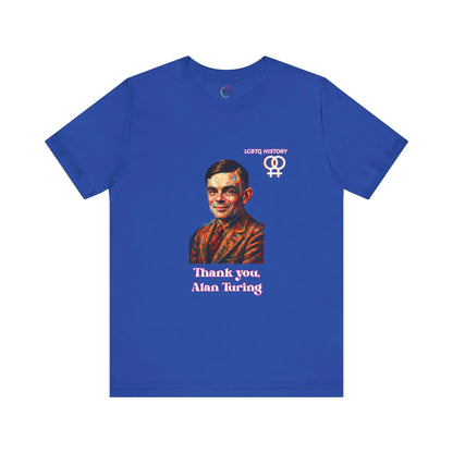 Blue t-shirt with a graphic of Alan Turing and text on a white background