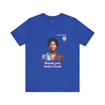 Blue t-shirt with a graphic of Audre Lorde and text on a white background