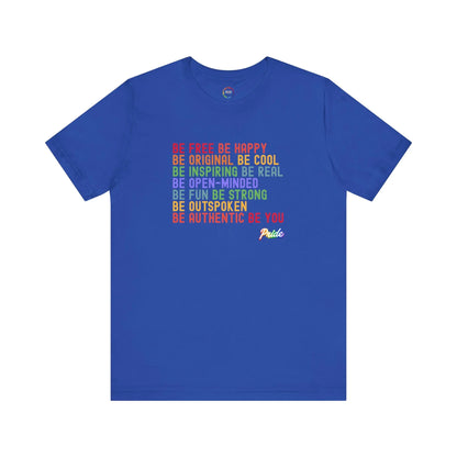 Blue t-shirt with colorful motivational text on a white background