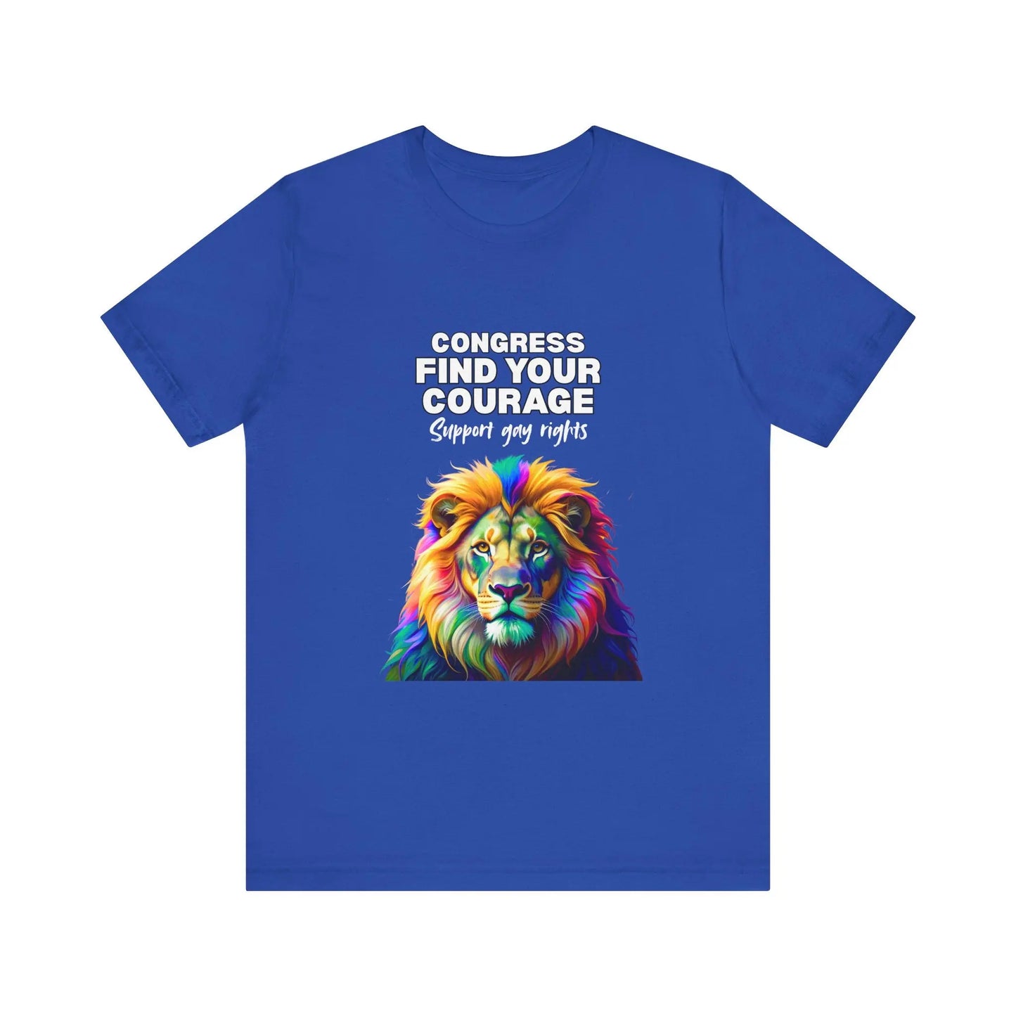 A blue t-shirt with a graphic and text that supports gay rights.