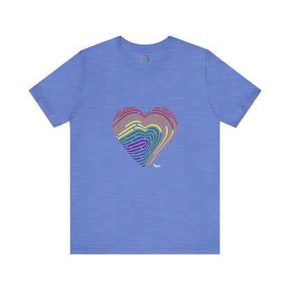 Blue t-shirt with a rainbow fingerprint heart design on a white background