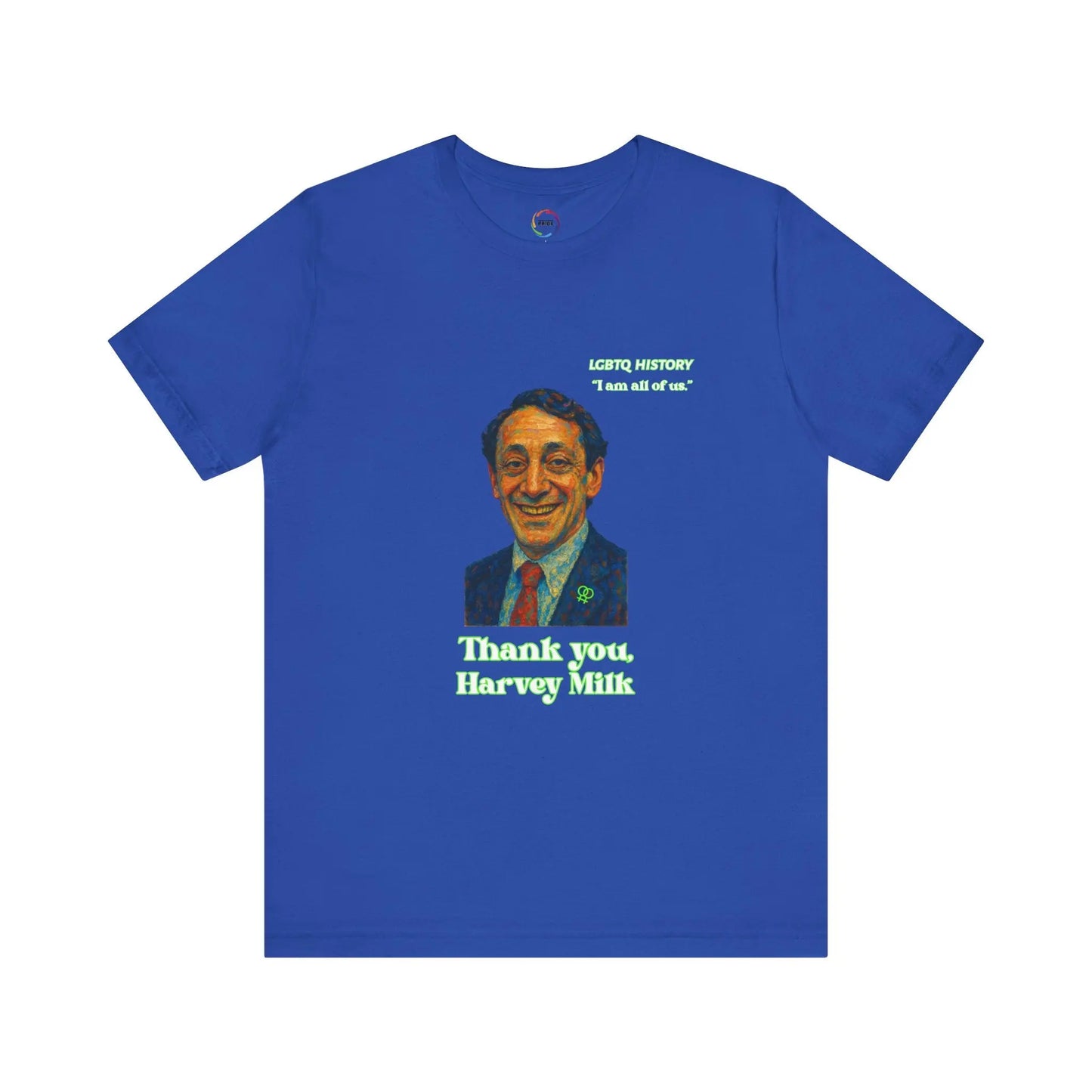 Blue t-shirt with a graphic of Harvey Milk and text on a white background
