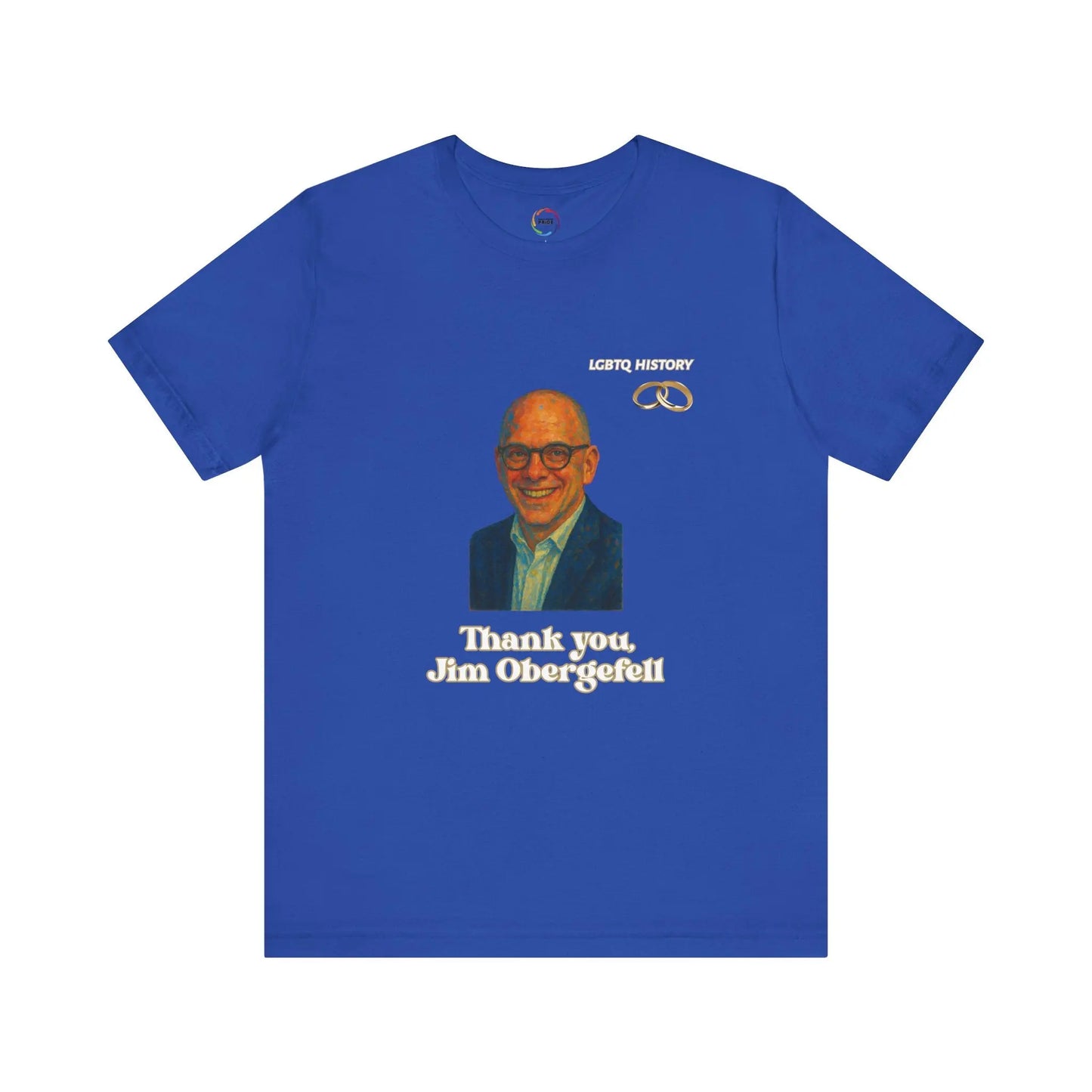 Blue t-shirt with a graphic of Jim Obergefell and text on a white background
