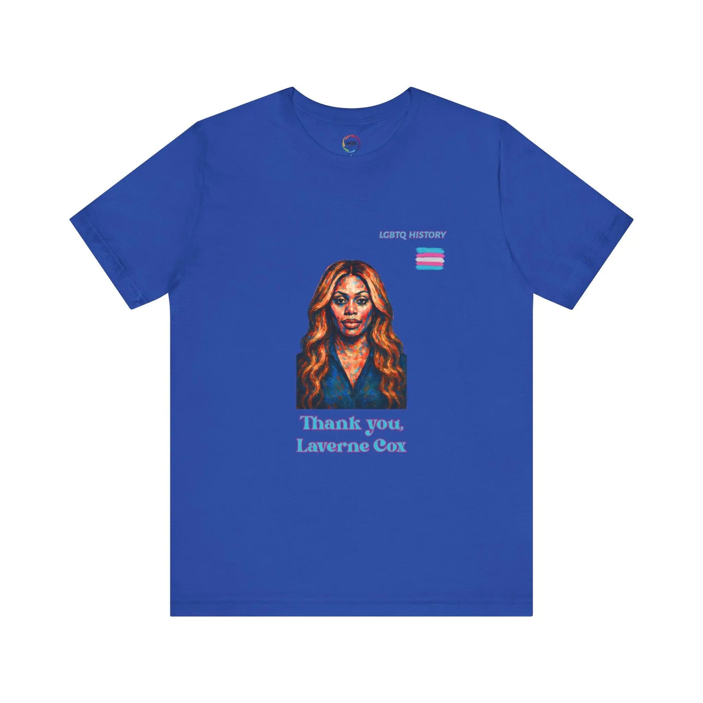 Blue t-shirt with a graphic of Laverne Cox and text on a white background