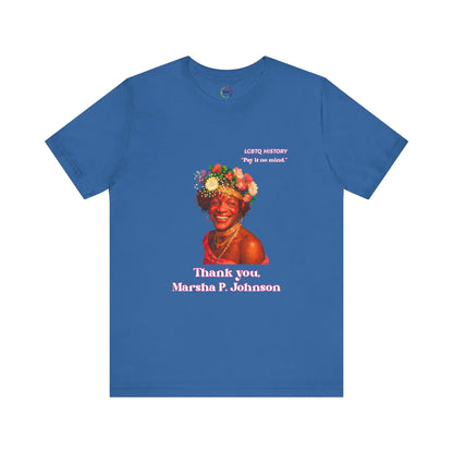Blue t-shirt with a graphic of Marsha P. Johnson with flowers and text on a white background