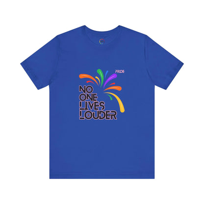 A blue short sleeve tee with text saying "No One Lives Louder" and a fireworks design.