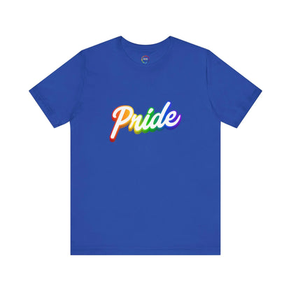 Blue t-shirt with 'Pride' in rainbow colors on a white background