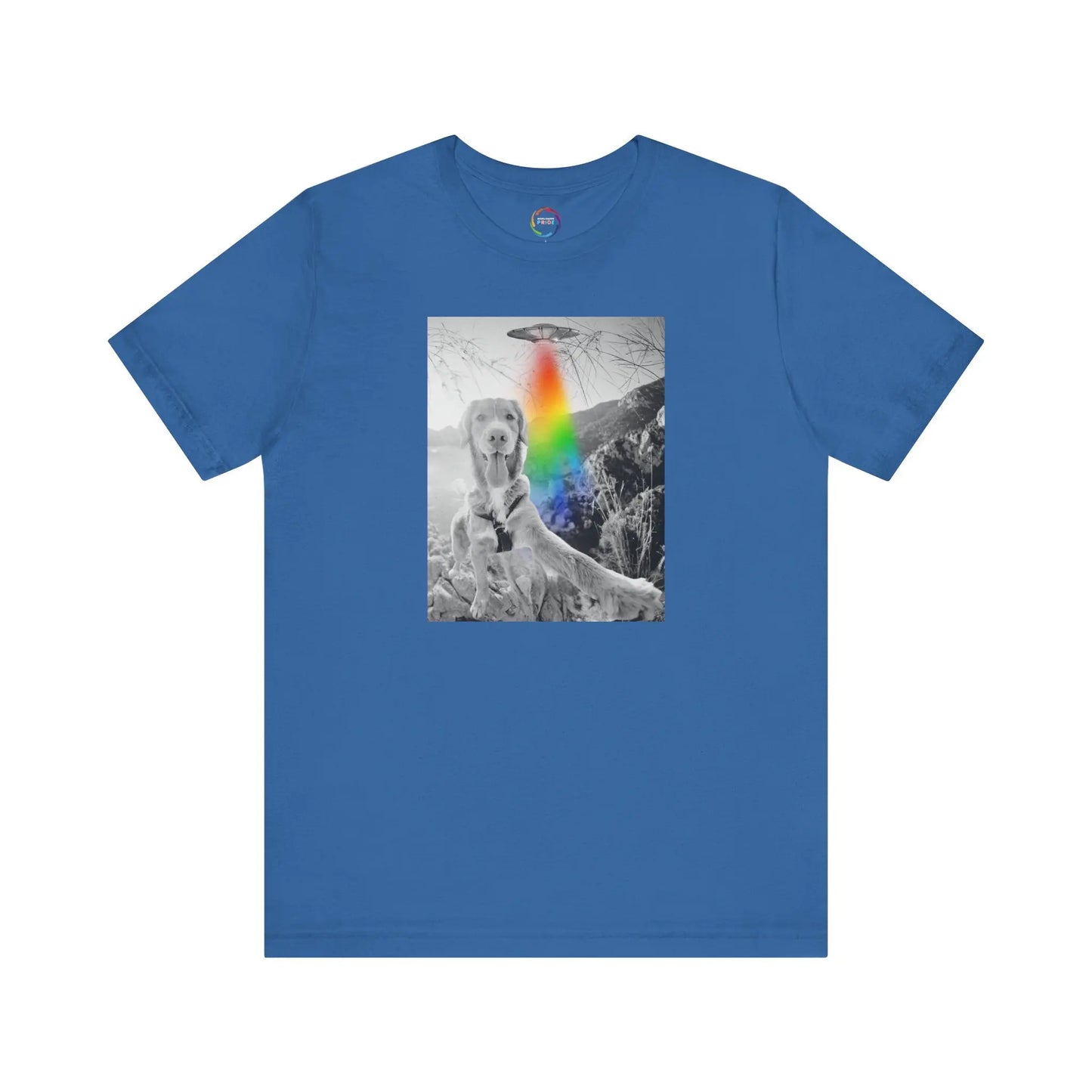 Blue t-shirt with a graphic of a UFO, a dog and a rainbow on a white background