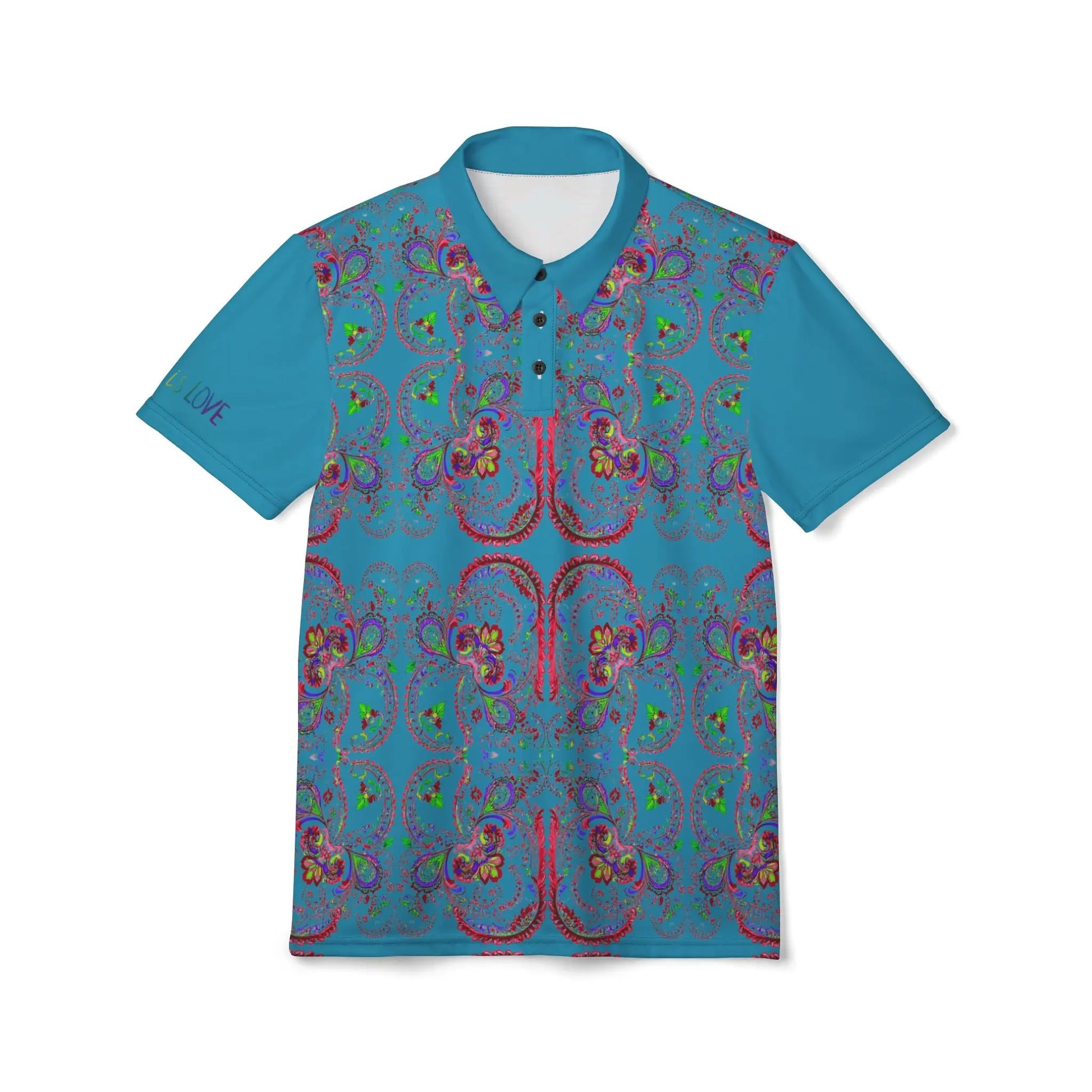 A polo shirt with a blue background featuring a red paisley pattern.